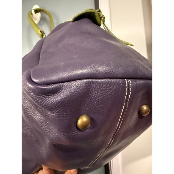 Boden Satchel Purple Pebbled Leather Lime Green Trim - Picture 6 of 10